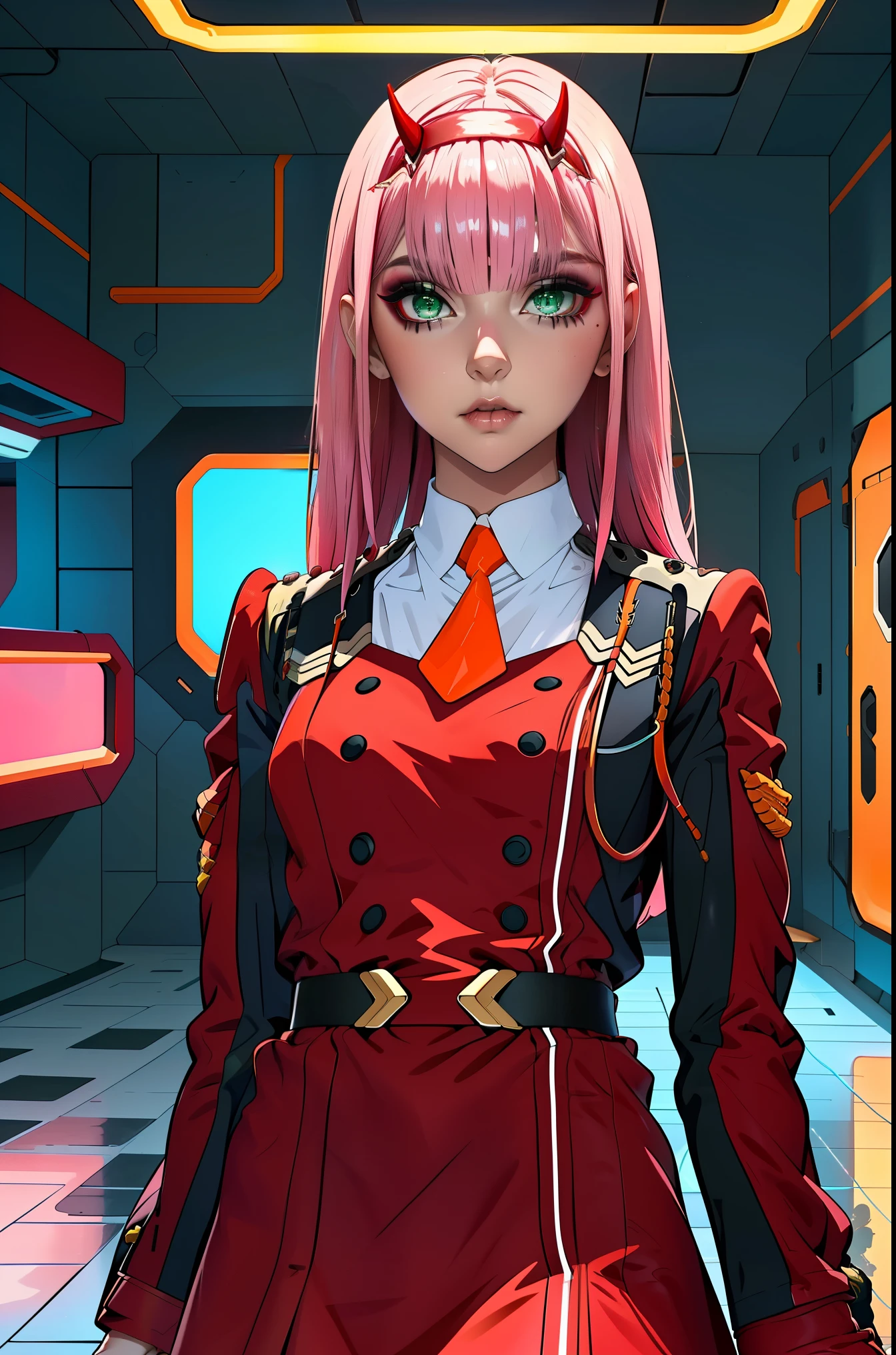 Zero-Two, Long straight and shiny pink hair, small white tiara with two small red horns, (white tiara), straight bangs cover the forehead, green eyes, mascara makeup, eyeshadow makeup, red military uniform with gold metal details on the shoulders, small story black with gold metal detail on the double buckle, white collar with small orange tie, six black buttons, three on each side on the front of the uniform, long red sleeves with black detail, , ((red skirt)), red skirt on top in black tight pants, inside a futuristic room with white neon lighting, teenagers in the background.