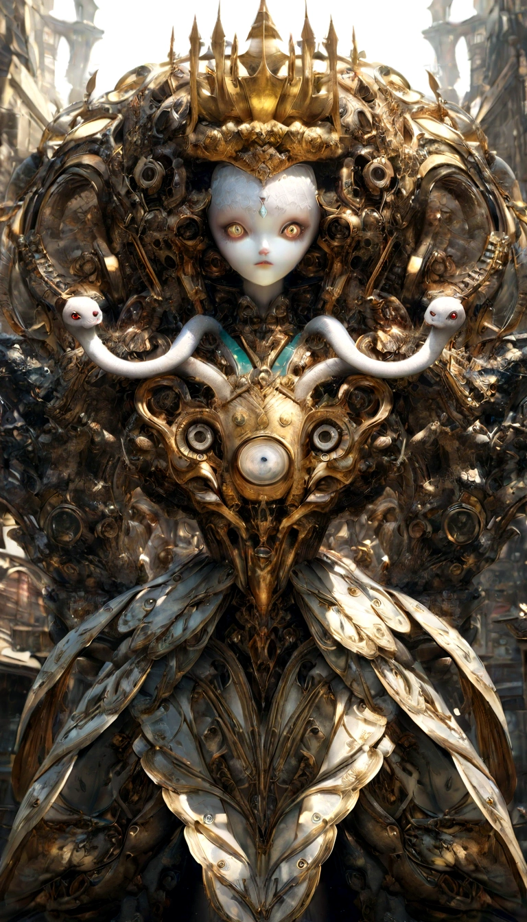 Super cute Pixar-style anthropomorphic white snake， Wearing a shrine maiden outfit and a golden crown, Are standing, Attractive big eyes, , Surreal, Super quality, Gorgeous, elegant Are standing,  Very detailed, Gorgeous, elegant, Complex, nice, Fantastic engine, Octane Rendering, 8k, VRAY Surrealism