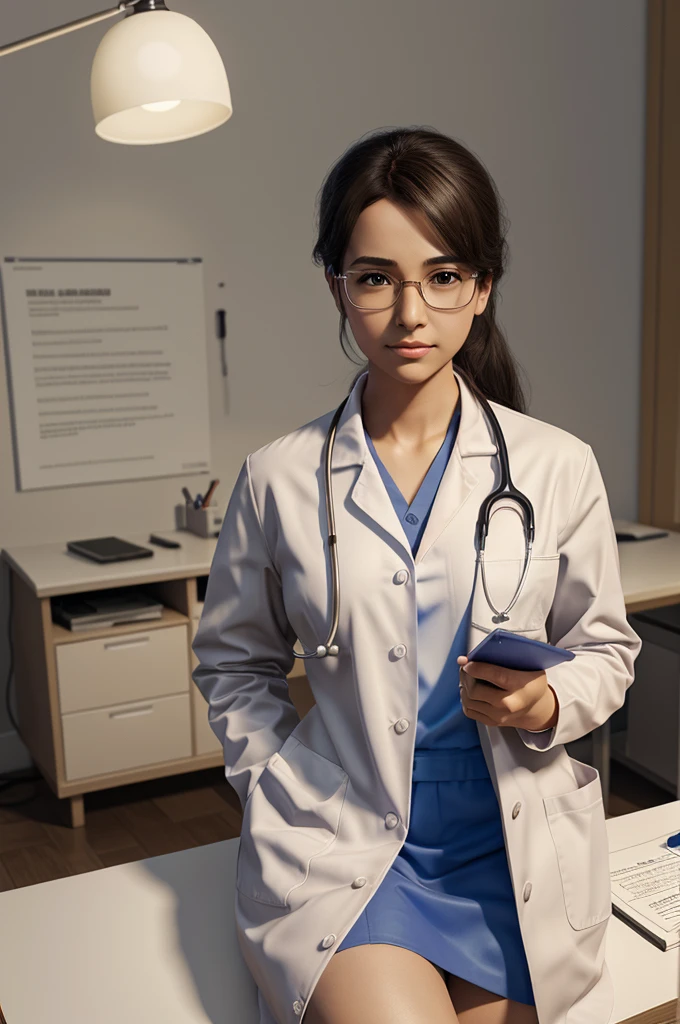 there is a young boy sitting at a desk with a stethoscope, doctor, realistic 3d style, There is a small board above table and on it is written "Dr. DARSHAN" medical doctor, wearing lab coat and a blouse, for hire 3d artist, wearing lab coat and glasses, (doctor), official fanart, 3d realistic, fanart, range murata and artgerm, with a lab coat,