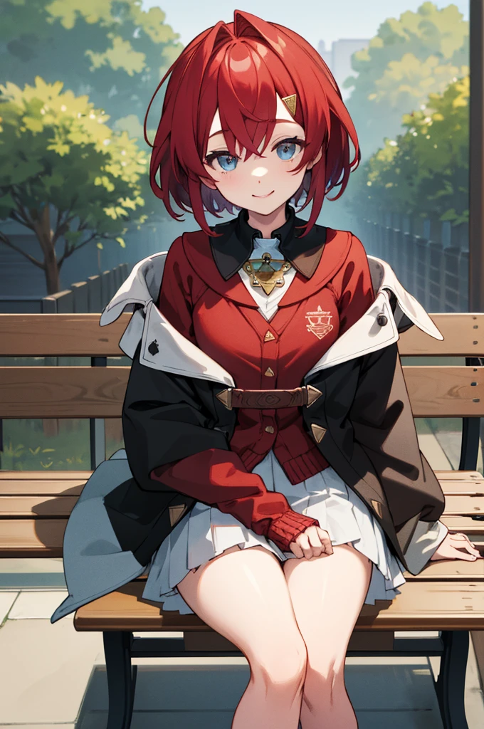 masterpiece, best quality, highres, aaange, short hair, hairclip, red cardigan, black coat, off shoulder, sleeves past wrists, open coat, white skirt, cowboy shot, sitting, crossed legs, bench, smile, outdoors