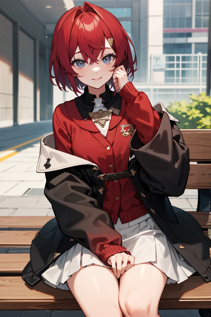 masterpiece, best quality, highres, aaange, short hair, hairclip, red cardigan, black coat, off shoulder, sleeves past wrists, open coat, white skirt, cowboy shot, sitting, crossed legs, bench, smile, outdoors