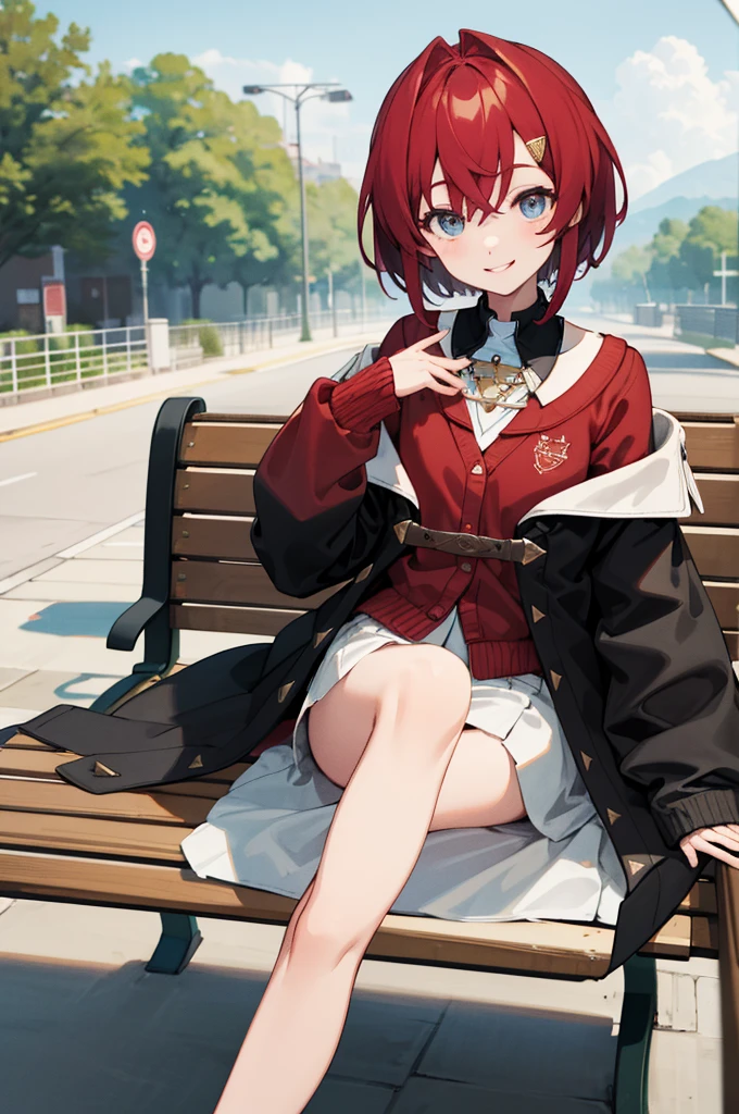 masterpiece, best quality, highres, aaange, short hair, hairclip, red cardigan, black coat, off shoulder, sleeves past wrists, open coat, white skirt, cowboy shot, sitting, crossed legs, bench, smile, outdoors