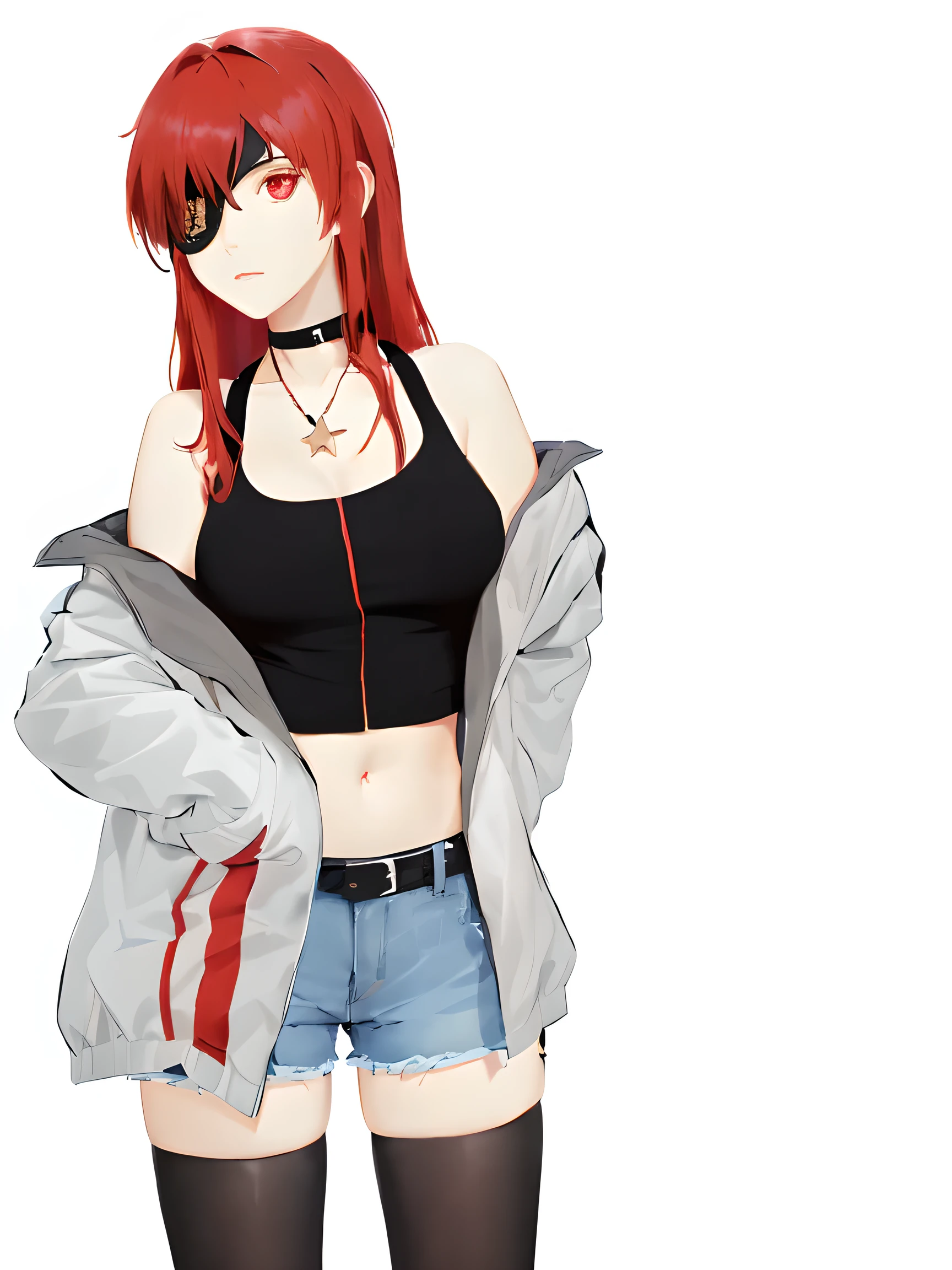 Black Crop Top, Gray Jacket, Denim Shorts, Eye Patch, gold star Necklace, Chokers, Black Belt, Star shape eyepatch, gold eyepatch, (best quality)), ((masterpiece)), (detailed), perfect face, ((eyepatch:1.2)), (long hair:1.4), (red hair, red eyes:1.4), 1girl, solo, hand on waist, medium breasts, cowboy shot, elegance, mature women, black legging