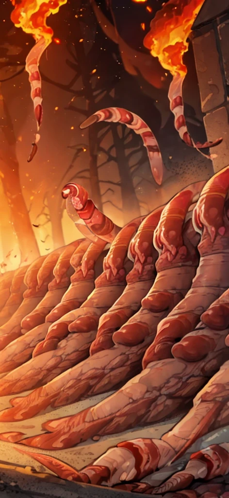 (several worms mouth:1.8) ,middle of the road,(Fire blazes behind:1.3) 