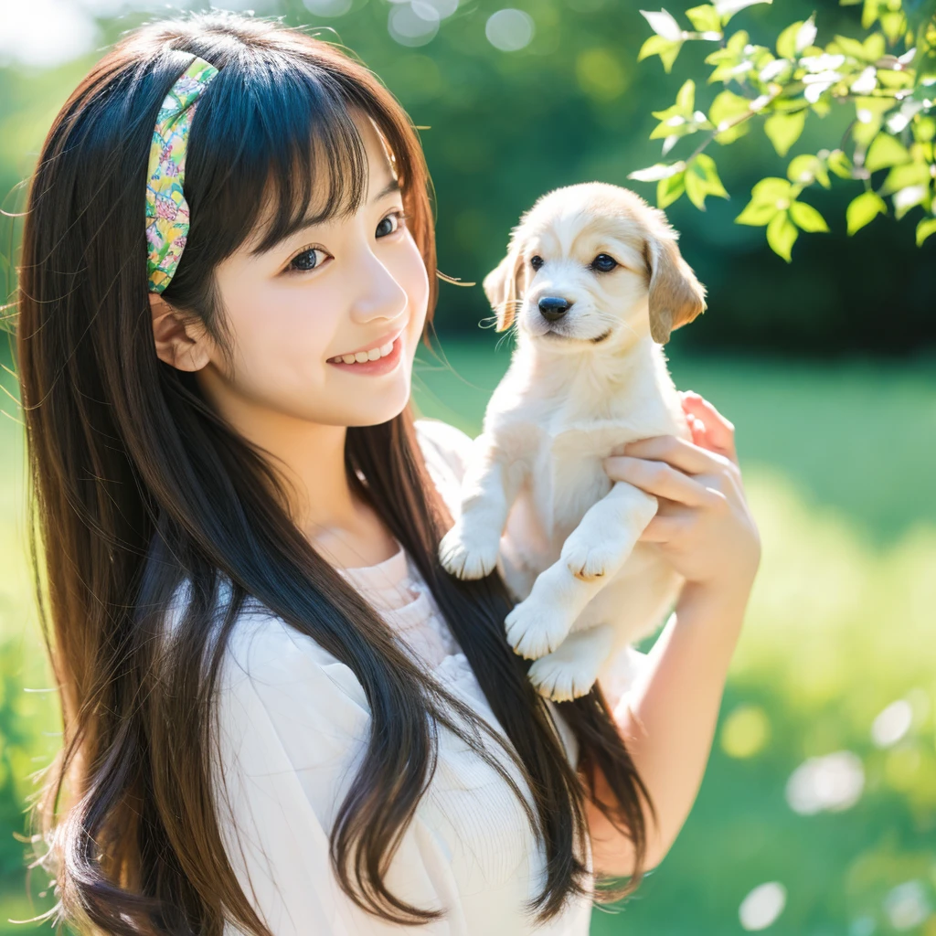 Image of a young Japanese woman around 18 years old,  women are美しく, Flowing hair。Suitable for early summer、She wears a subtle hair accessory。A kind smile, Holding a beautiful bouquet. A beautiful outdoor setting with a green background is preferable, sunny day. women are、While maintaining a warm and friendly expression、Holding a cute puppy。.Make sure the lighting and colors are soft and natural, Her youth々Emphasizes the beauty of a mature woman. High quality、high resolution、Attention to detail。