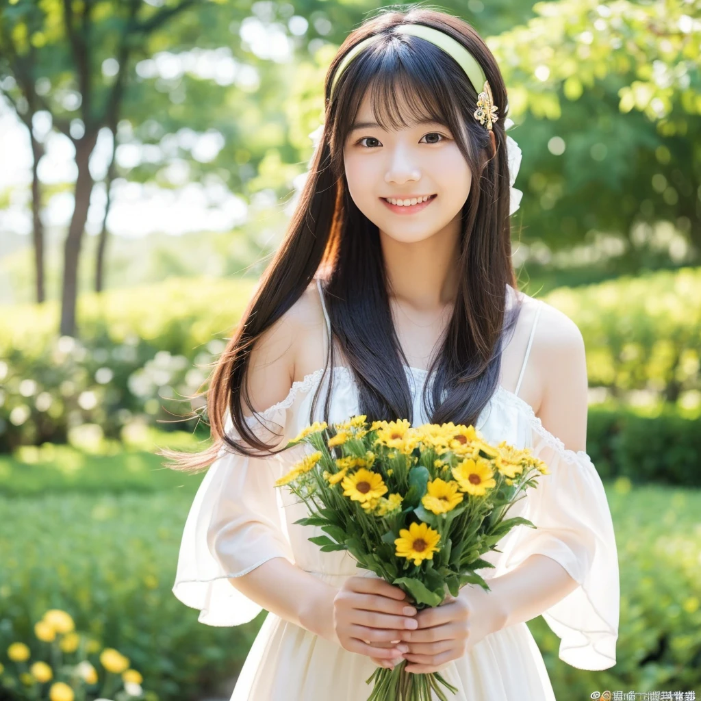 Image of a young Japanese woman around 18 years old, women are美しく, Flowing hair。Suitable for early summer、She wears a subtle hair accessory。A kind smile, Holding a beautiful bouquet. A beautiful outdoor setting with a green background is preferable, sunny day. women are、While maintaining a warm and friendly expression、Holding a cute puppy。.Make sure the lighting and colors are soft and natural, Her youth々Emphasizes the beauty of a mature woman. High quality、high resolution、Attention to detail。