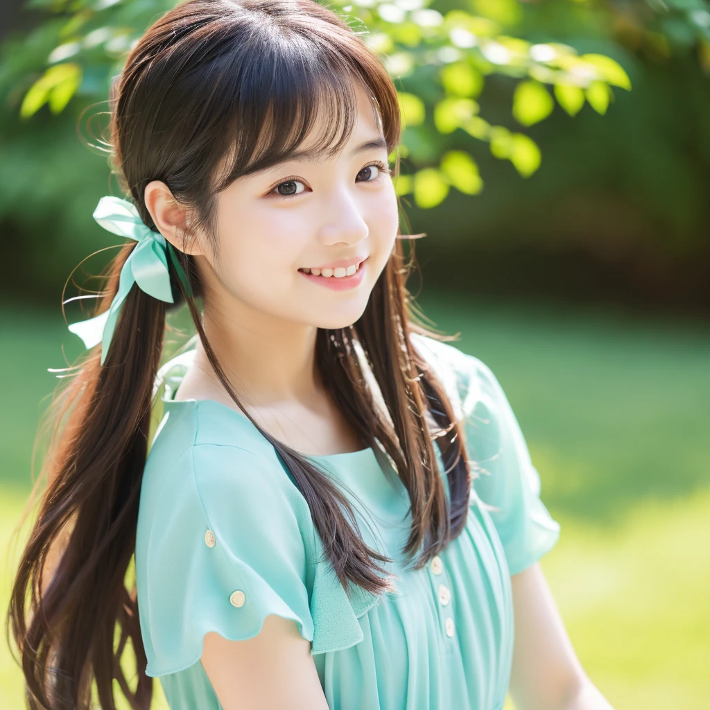 Image of a young Japanese woman around 18 years old,  women are美しく, Flowing hair。Suitable for early summer、She wears a subtle hair accessory。A kind smile, Holding a beautiful bouquet. A beautiful outdoor setting with a green background is preferable, sunny day. women are、While maintaining a warm and friendly expression、Holding a cute puppy。.Make sure the lighting and colors are soft and natural, Her youth々Emphasizes the beauty of a mature woman. High quality、high resolution、Attention to detail。