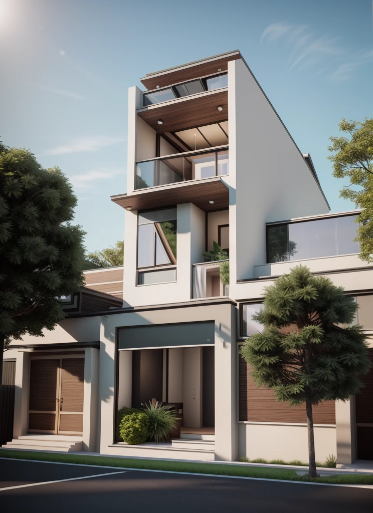 RAW photo,Masterpiece, high quality, best quality, authentic, super detail,masterpiece, (photorealistic:1.2), best quality, ultra high res, architechture, exterior, town house on the road, glass windows,trees,traffic road, in the style of realistic hyper-detailed rendering, 32k uhd,composite construction, piles/stacks, innovative page design,daylight,Vray, daylight, (high detailed :1.2), 8k uhd, dslr, soft lighting, high quality, film grain, Fujifilm XT3, photographic render, render in vray, render vray, 3 drender, all white render, vray rendered, highly photographic render, detailed archviz render, rendered in 3 dsmax, 3ds max render, vray render, 3 ds max + v - ray, 3 ds max + vray <lora:Nha Pho Train Lora V1:0.5