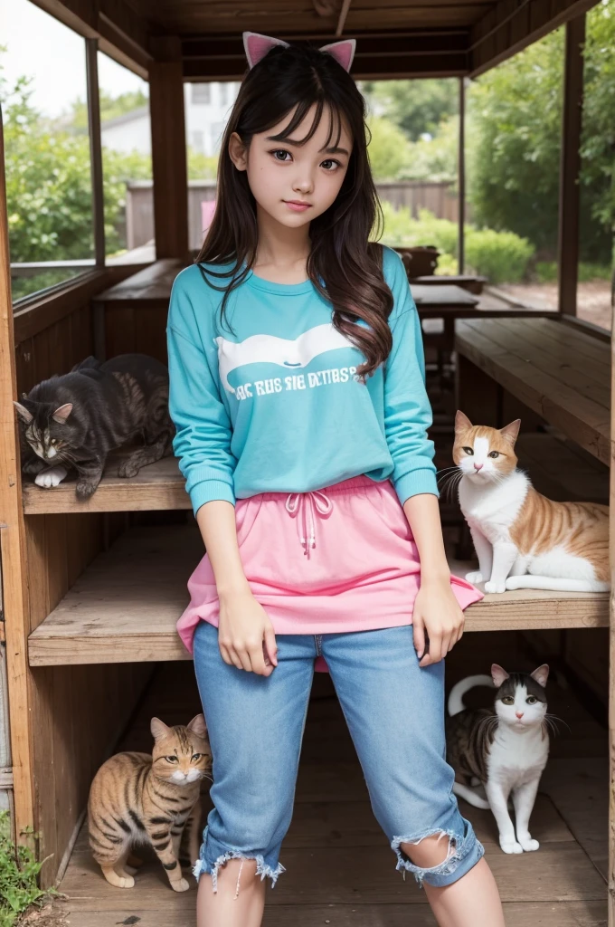 A young college girl with 4 cats and colorful clothes