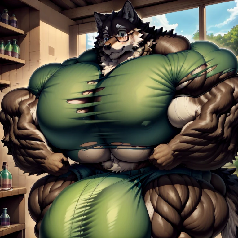 ian_simmaus, clothed, glasses, green_shirt, blue_shorts, muscular, hyper muscles, torn_shirt, torn_shorts, bulge, hyper_bulge, potion_bottle, by Whooo-Ya, by Sskomu (artist), by Kakure Eria,wolf,shy expression