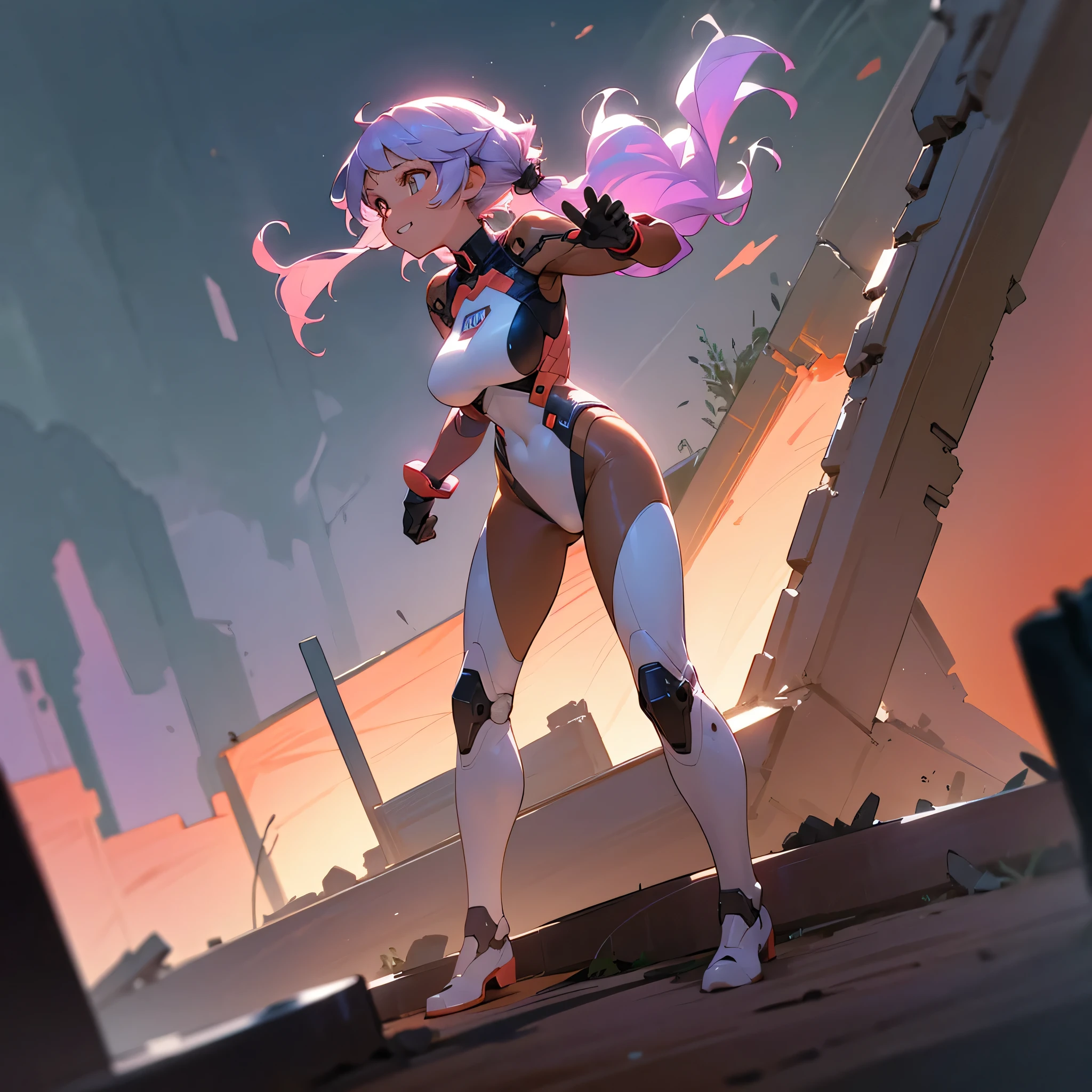 1female, young adult, tan skin, big breast, finely detailed coral eyes, wild medium hair, lavender hair, pigtails, full body combat suits, standing on ruined building, night time, excited expression