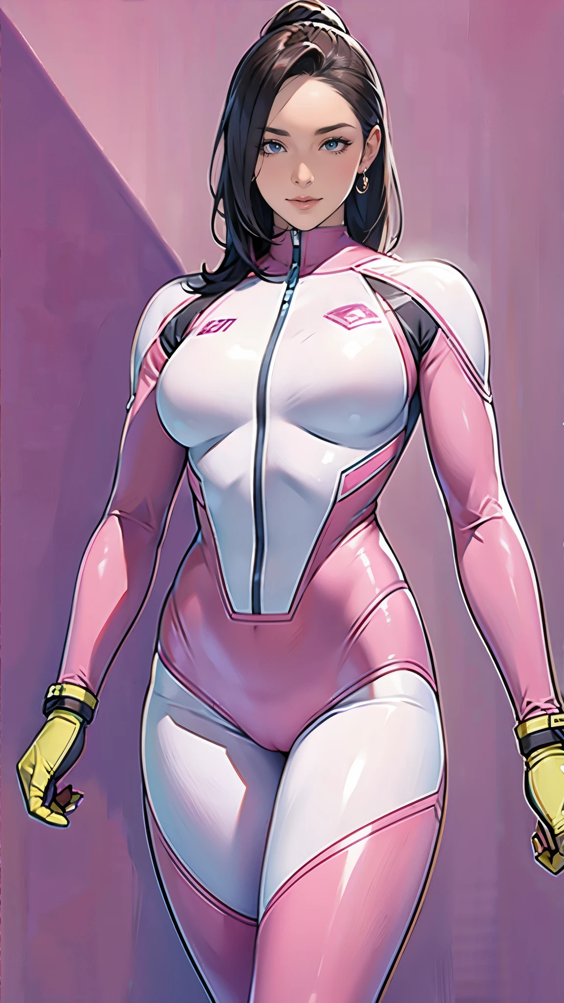 (masterpiece:1.2, Highest quality),(Very detailed),8K,wallpaper,1 female,Mature Woman,48 years old,Sentai heroine pink,Muscular,((Pink squadron suit)),((The background is the Power Rangers' secret base.)),(((Background Blur))),(((betterhand))),Random hairstyle,Random pose,(((Beautiful female hands,detailed drawing of a hand))),(((cyber punk))),Have a helmet