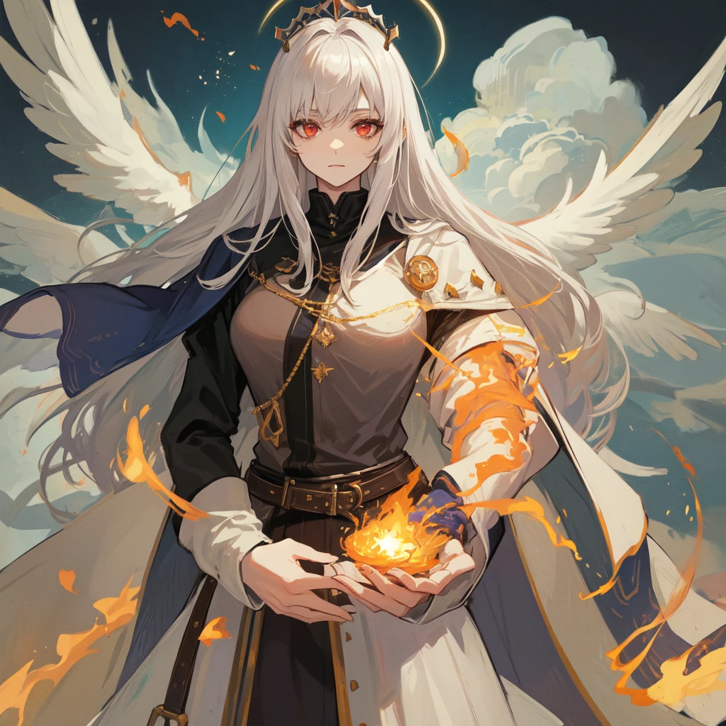 A white-haired female general with flaming red eyes and a medieval general's outfit she is queen of heaven