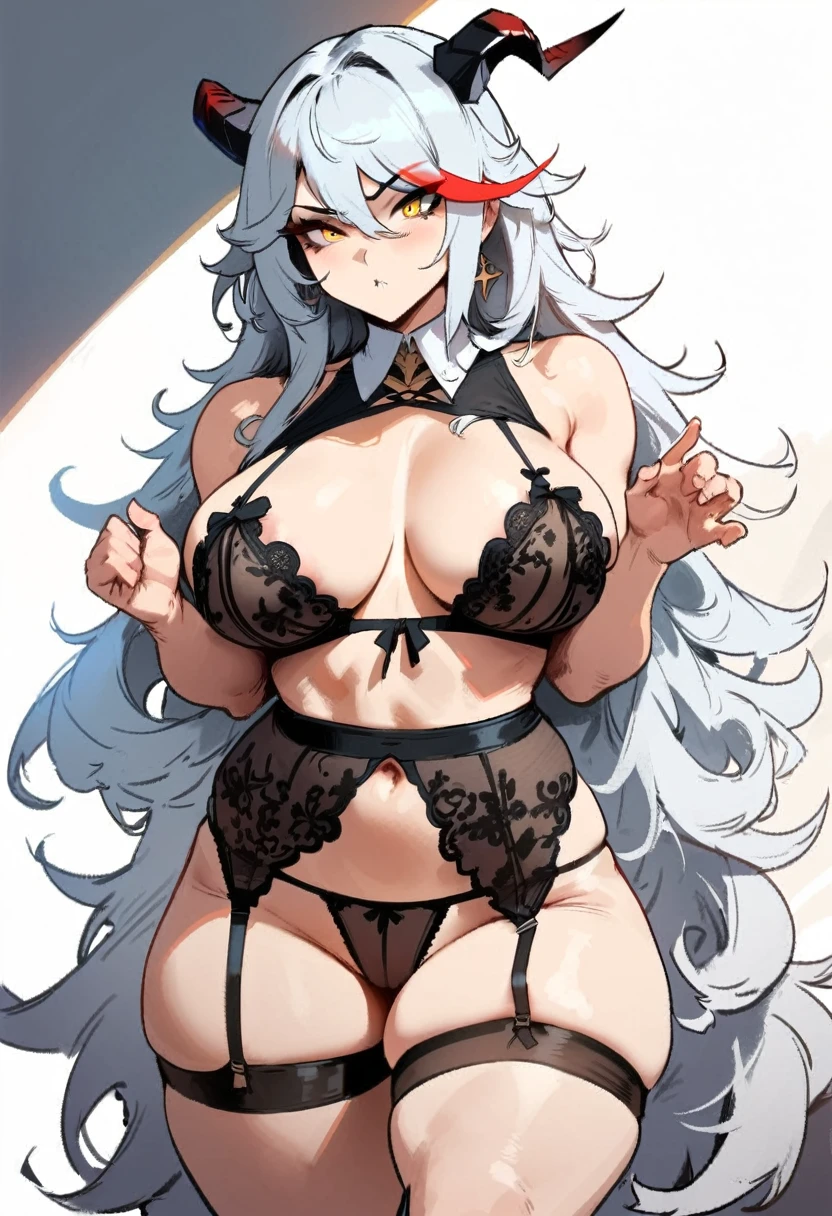 1girl, aegir \(azur lane\), azur lane \\\\\ masterpiece, best quality, very aesthetic, absurdres, newest \\\\\\ \\\\\\ by nyantcha,,by cutesexyrobutts,by khyle ///// , , , silvery white hair with a single prominent red streak , black horns, , , yellow eyes, ,, ,,,, ,,serious, , white background, standing,, ,lingerie garter belt,, black openwork bra,big tits