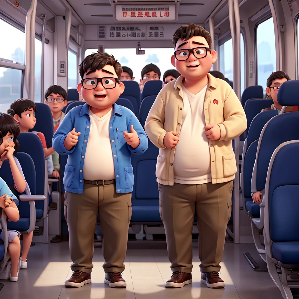A fat, ugly young man wearing glasses is crying on the bus。No one else。