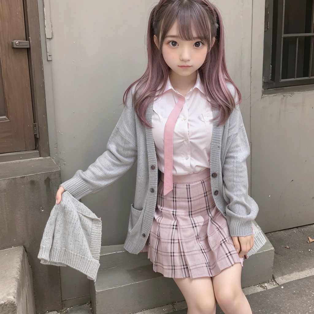 One Junior High School Girl Hair color is Pink-black , Pink hair, Thin legs Angry face Surprisingly small Girls' School Uniform(White shirt and grey knit cardigan Grey Check Long Skirt) 14-year-old girl