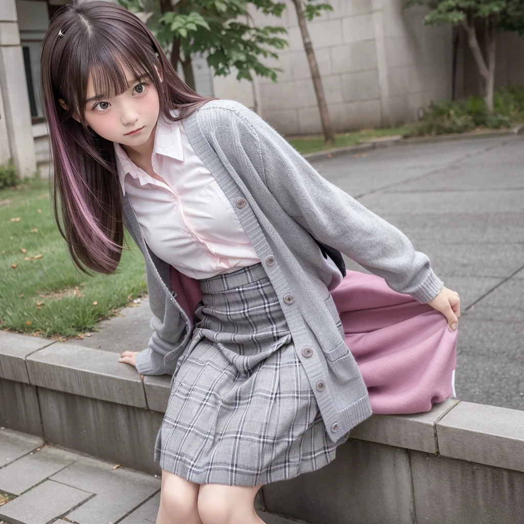 One Junior High School Girl　 Hair color is  Pink-black , Pink hair, 　Thin legs　　Angry face　　Surprisingly small　Girls' School Uniform（White shirt and grey knit cardigan　Grey Check Long Skirt）　14-year-old girl　　