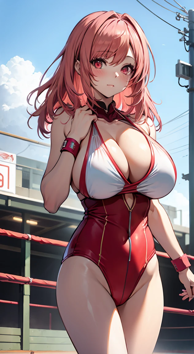 honokabkn, 1girl, breasts, solo, huge breasts, looking at viewer, blush, closed mouth, standing, cleavage, skindentation, wrestling outfit, pink hair, red eyes