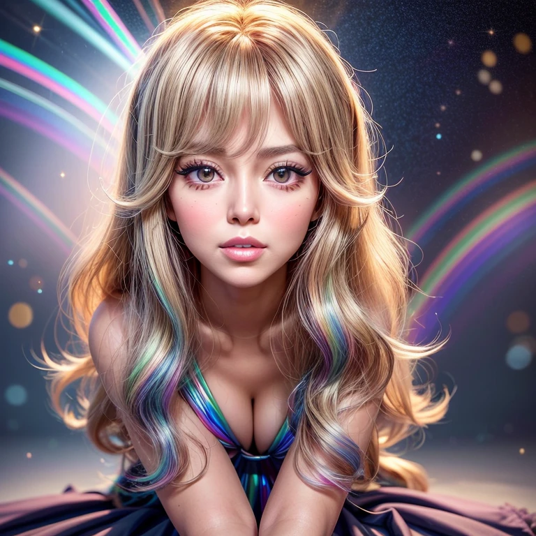 NSFW, 8k, High-level, absurd, masterpiece, best quality, primitive, very detailed CG, very detailed wallpaper, perfect lighting, Extremely detailed ((( personifying " Farrah Fawcett Majors " as a ))), MysticSight, Tyndall effect, Tyndall scattering, (Studio gray background with (Overflowing oodles Dazzling RainbowColorParticles (BokeH))), (RoundlyButts, ThighGap), (Exposed:0.4), (Assfocus with looking ahead) BREAK (Acutance:0.88), (NOGIZAKA face variations) Extremely Detailed very KAWAII face variations, perfect anatomy, Childish, CaptivatingGaze ElaboratePupils detailed Eyes with (sparkling highlights:1.28), (Voluminous LongEyelashes、GlossyRED Lips with beautiful details, RosyCheeks, Radiant PearlSkin with Transparency . { (Dynamic LifeLike expressions:1.4) | :d) }, (large eyes:-1) .