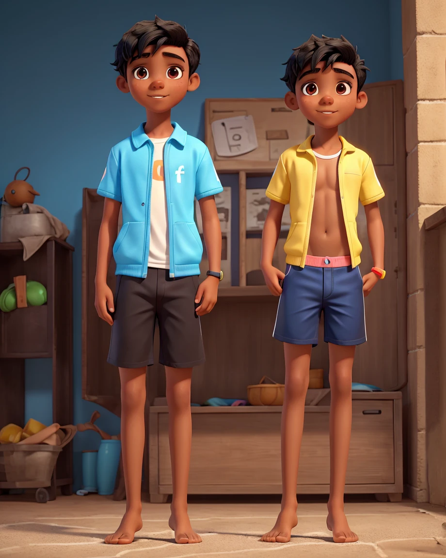 Young 13-year-old boy with black hair and brown eyes, innocent and happy, dressed in short neon-blue speedo, bare feet, fullbody; short hair, boyish athletic, sexy, exposed abs