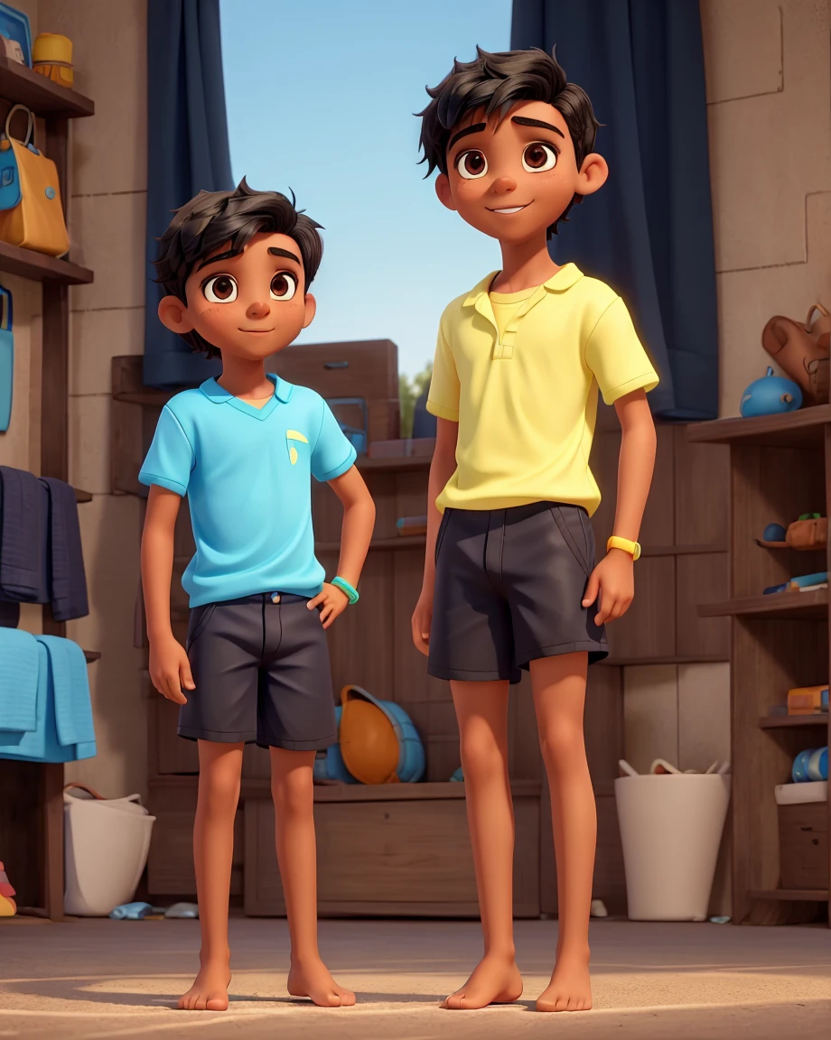 Young 13-year-old boy with black hair and brown eyes, innocent and happy, dressed in short neon-blue speedo, bare feet, fullbody; short hair, boyish athletic, sexy, exposed abs
