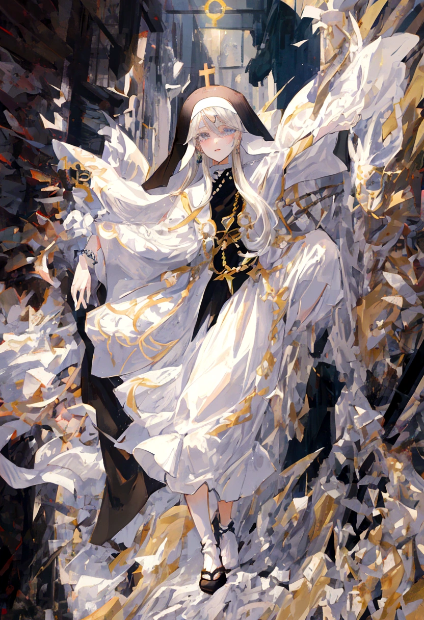 Character (white long hair) (lots of accessories and exaggerated silver jewelry) (nun manga-style clothing) (character in dynamic pose)