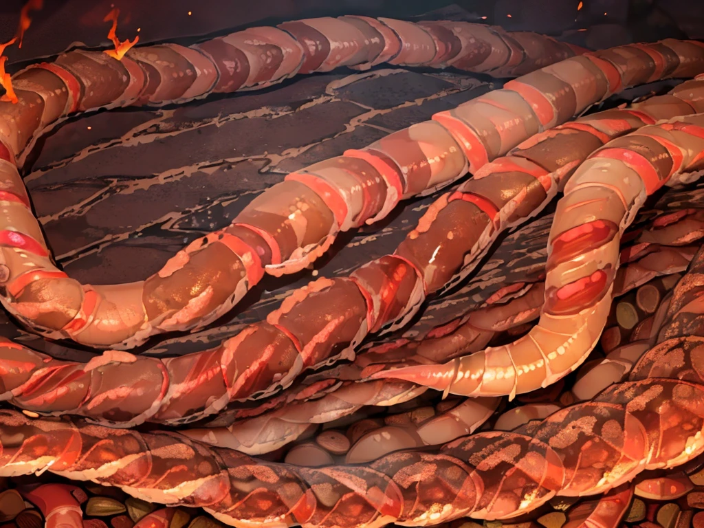 (several worms mouth:1.8) ,middle of the road,(Fire blazes behind:1.3)