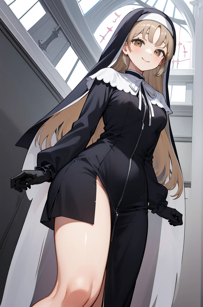 masterpiece, best quality, highres, aasister, long hair, nun, habit, white capelet, neck ribbon, (black short dress:1.2), long sleeves, white gloves, full-length zipper, church, indoors, standing,,,looking viewer,smile,(((from below,nsfw)))