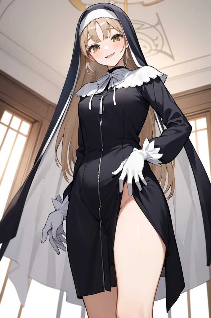 masterpiece, best quality, highres, aasister, long hair, nun, habit, white capelet, neck ribbon, (black short dress:1.2), long sleeves, white gloves, full-length zipper, church, indoors, standing,,,looking viewer,smile,(((from below,nsfw)))