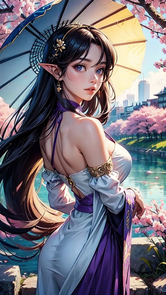 (masterpaintingelhor Quoridade),Riverside,There are many tall buildings across the river,profundidade de campo,perfect lighting,light particleelhor Quoridade),(masterpaintings),(hiper detalhado),sharp focus,light particles,a beautiful Chinese woman standing in a cherry blossom field with a sun hat and wearing purple halter dress, longos cabelos castanhos ondulados, wearing sunglasses, alto e magro, Beautiful, sorriso sutil, Olhando_em_espreitando o espectador,sorrir,sozinho,open sky_Clothes,Arms back,standingn, e de corpo inteiro,Japanese style costume,raio de sol,The tree,De boca aberta,Arms back,cabelos azuis,orelhas brancas,purples eyes, elf woman, detailed hands, detailed eyes, detailed face