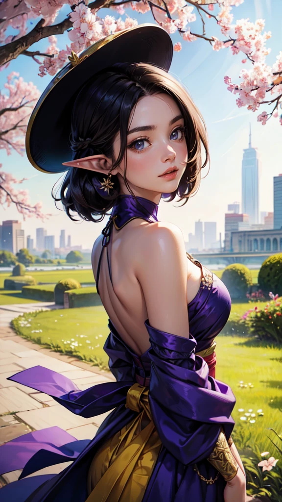 (masterpaintingelhor Quoridade),Riverside,There are many tall buildings across the river,profundidade de campo,perfect lighting,light particleelhor Quoridade),(masterpaintings),(hiper detalhado),sharp focus,light particles,a beautiful Chinese woman standing in a cherry blossom field with a sun hat and wearing purple halter dress, longos cabelos castanhos ondulados, wearing sunglasses, alto e magro, Beautiful, sorriso sutil, Olhando_em_espreitando o espectador,sorrir,sozinho,open sky_Clothes,Arms back,standingn, e de corpo inteiro,Japanese style costume,raio de sol,The tree,De boca aberta,Arms back,cabelos azuis,orelhas brancas,purples eyes, elf woman, detailed hands, detailed eyes, detailed face