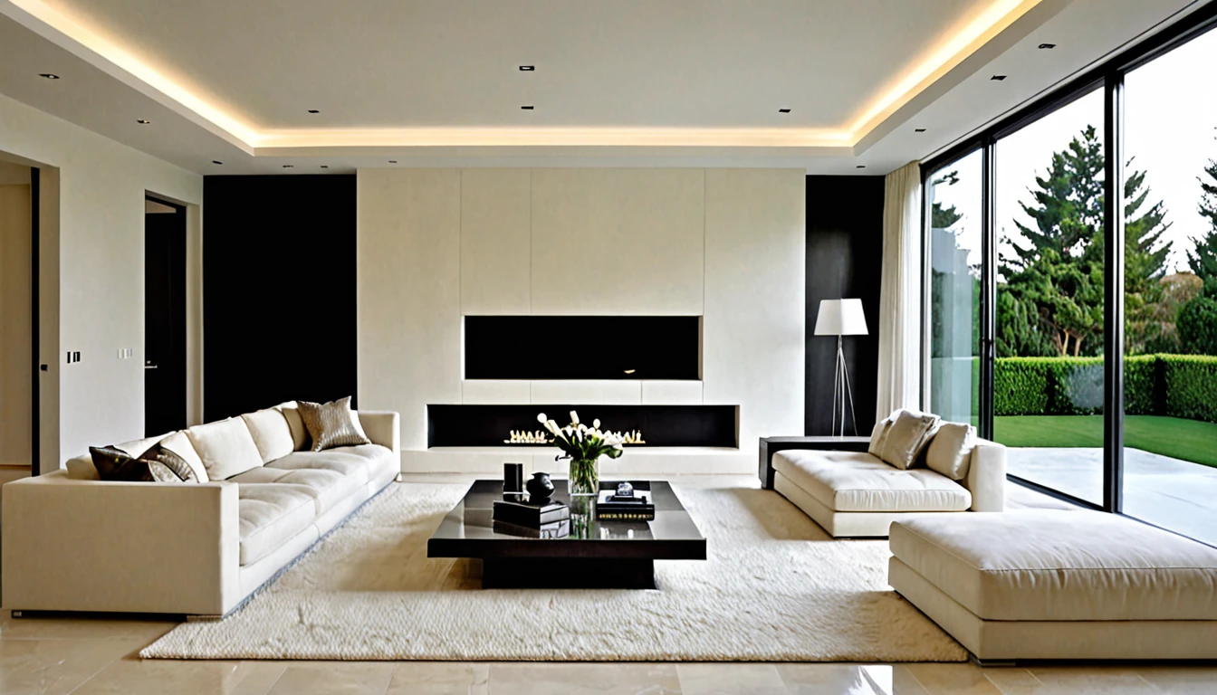 modelo de una sala de estar de una mansion modelo minimalista con sin ningun tipo de cuadro en las paredes