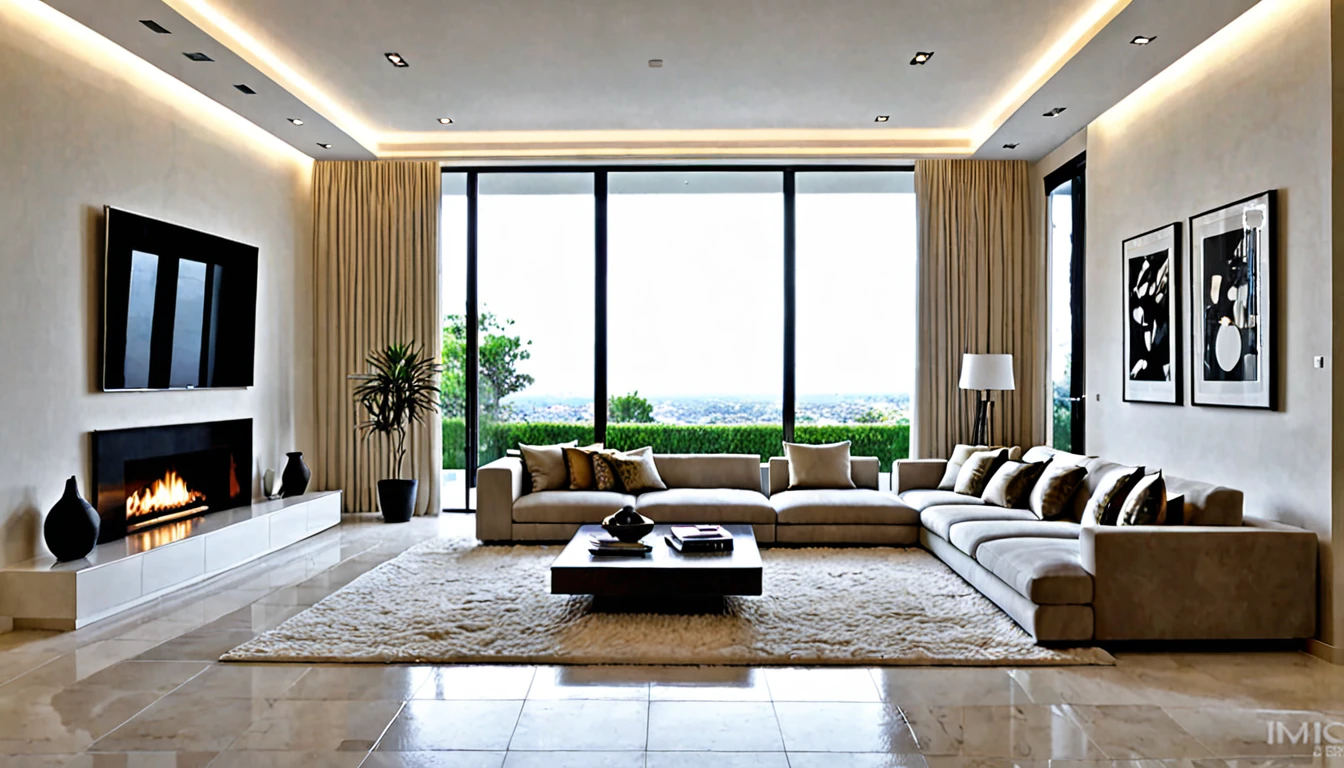 modelo de una sala de estar de una mansion modelo minimalista con sin ningun tipo de cuadro en las paredes