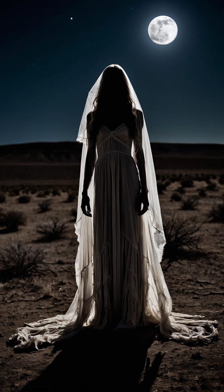 Desolate, Moonlit Plains, A ghostly banshee emerges from the shadows. Shot at 50mm f/2.8/1.8 Lenses, The ghostly figures' flowing hair and translucent appearance are expertly rendered.. This work depicts a lonely mythical being.、It has been highly praised for its eerie atmosphere and detailed depictions.。, 4K resolution, Ultra-high resolution, Digital SLR, Insane Details, Award-winning photo,