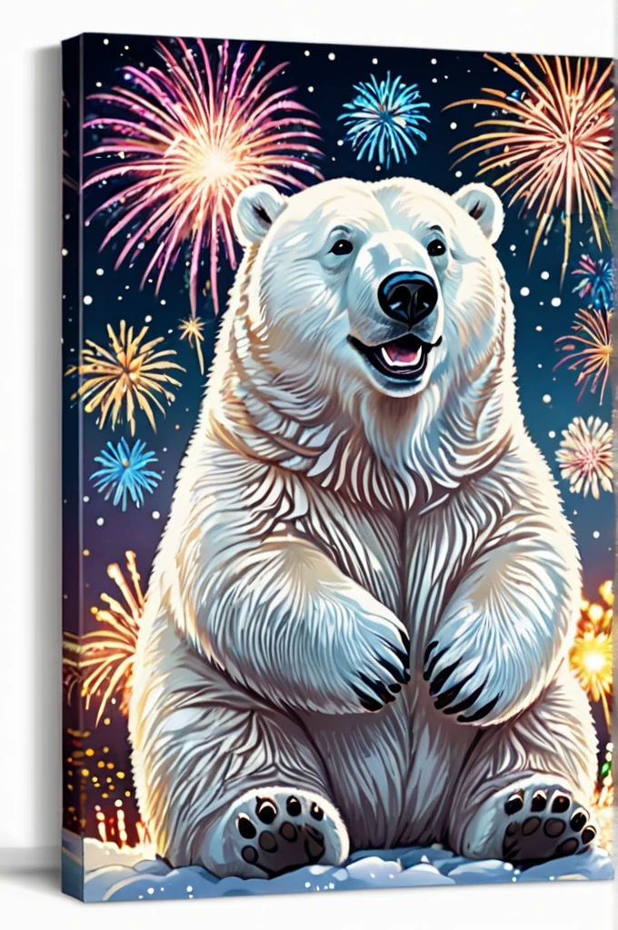 Cosmic Canvas,perfection, clean, masterpiece, Professional artwork, Famous works of art, A picture of a cute fat polar bear character, (Fireworks Background), I'm holding a wine glass with wine in it