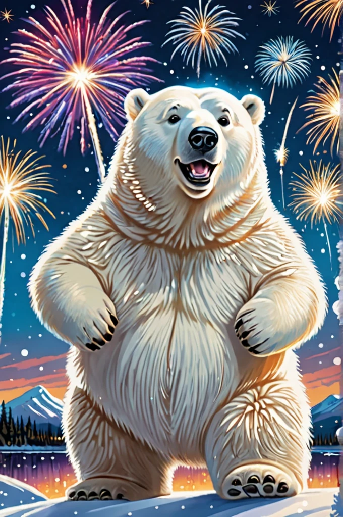 Cosmic Canvas,perfection, clean, masterpiece, Professional artwork, Famous works of art, A picture of a cute fat polar bear character, (Fireworks Background), I'm holding a wine glass with wine in it
