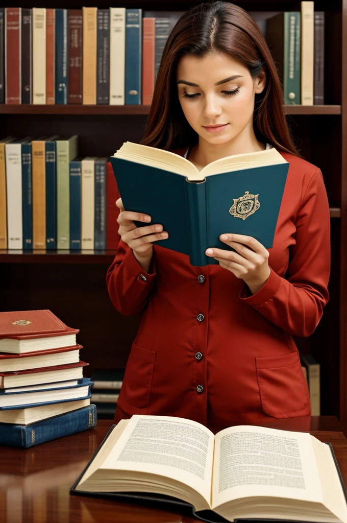 Garota ruiva lendo um livro em uma biblioteca sem roupa