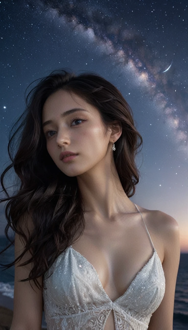 8k, masterpiece, RAW Photos, Highest quality, Realistic, Very detailed, Depth of written boundary, Cinematic Light, Anatomically correct body, (One elegant beautiful mature woman:1.2), Wavy black long hair, Very beautiful face, Exquisitely detailed face, Goddess-like deity々Beautiful, (Glamorous Body:1.2), Very sensitive skin, Transparent white skin, Sexy ass, Sexy thighs, See-through high slit dress, Detailed cloth texture, Gorgeous necklace, Gorgeous earrings, Dark starry background, Milky Way Galaxy, Meteors, Dark coastline at night, Pitch black sea surface, (Low angle shot:1.2),