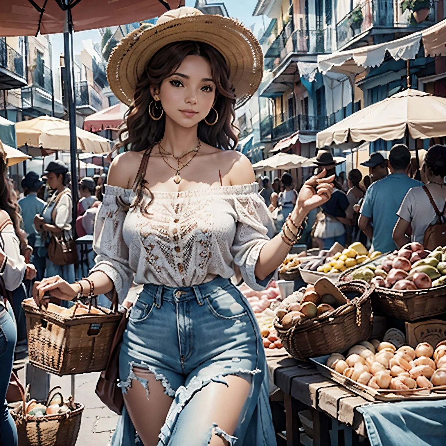 Photo Description: Elena Morales is pictured at the bustling French Market, surrounded by vibrant stalls filled with fresh produce, seafood, and local crafts. Her auburn hair is down in loose, beachy waves, and her ice-blue eyes are bright with curiosity as she explores the market. She’s wearing a casual yet stylish outfit: a lightweight, off-the-shoulder top with a subtle floral pattern, paired with high-waisted, distressed denim shorts. Her bohemian chic look is completed with a pair of comfortable sandals, a wide-brimmed hat, and a few layered necklaces.In the candid shot, Elena is standing at a seafood vendor's stall, holding a basket filled with fresh shrimp. She’s in mid-conversation with the vendor, a friendly smile on her face as she listens intently. Her pose is relaxed and natural, one hand on her hip and the other holding the basket. The market's lively atmosphere, with its colorful displays and busy crowd, serves as the perfect backdrop, capturing the essence of a typical day in New Orleans.