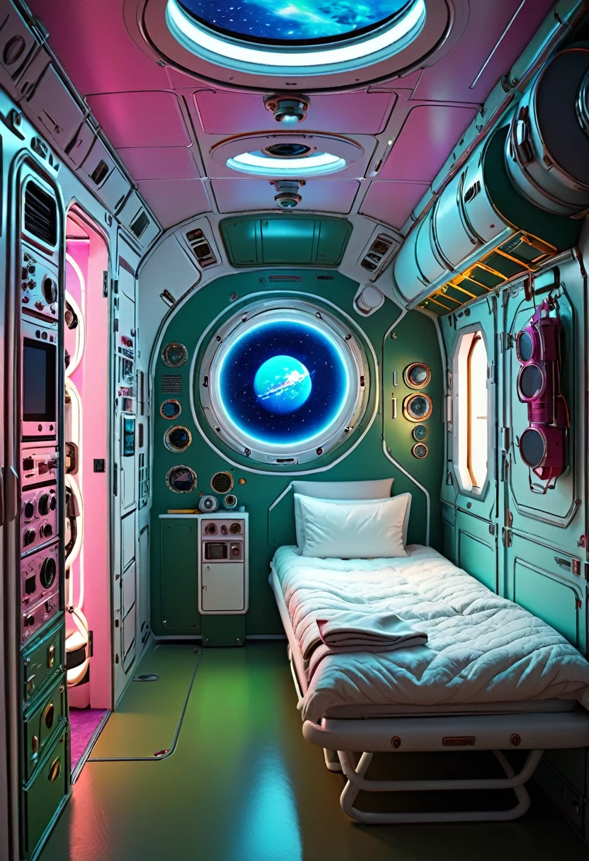 image, with depth, realistic of a cabin in a naza rocket, a cozy environment, a super comfortable bed, with wrinkled and white sheets on the right side, on the left side an ornamental closet with equipment for personal use with astronaut clothes, the cabin is in Earth's orbit, there is a lot of equipment in relief, from orbital operating machines, atmospheric pressure checking devices, monitoring equipment with a world map, large windows that go from floor to ceiling turned with neon lights that give it a charm to space, with a view of space, the environment has total harmony between colors, the colors are typical of a spaceship, predominantly blue, green and pink neon lights, a very intriguing image in the style of a Disney Space film., 3d render, cinematic, wildlife photography, vibrant