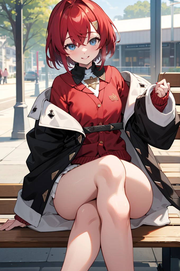 masterpiece, best quality, highres, aaange, short hair, hairclip, red cardigan, black coat, off shoulder, sleeves past wrists, open coat, white skirt, cowboy shot, sitting, crossed legs, bench, smile, outdoors,(((nsfw)))