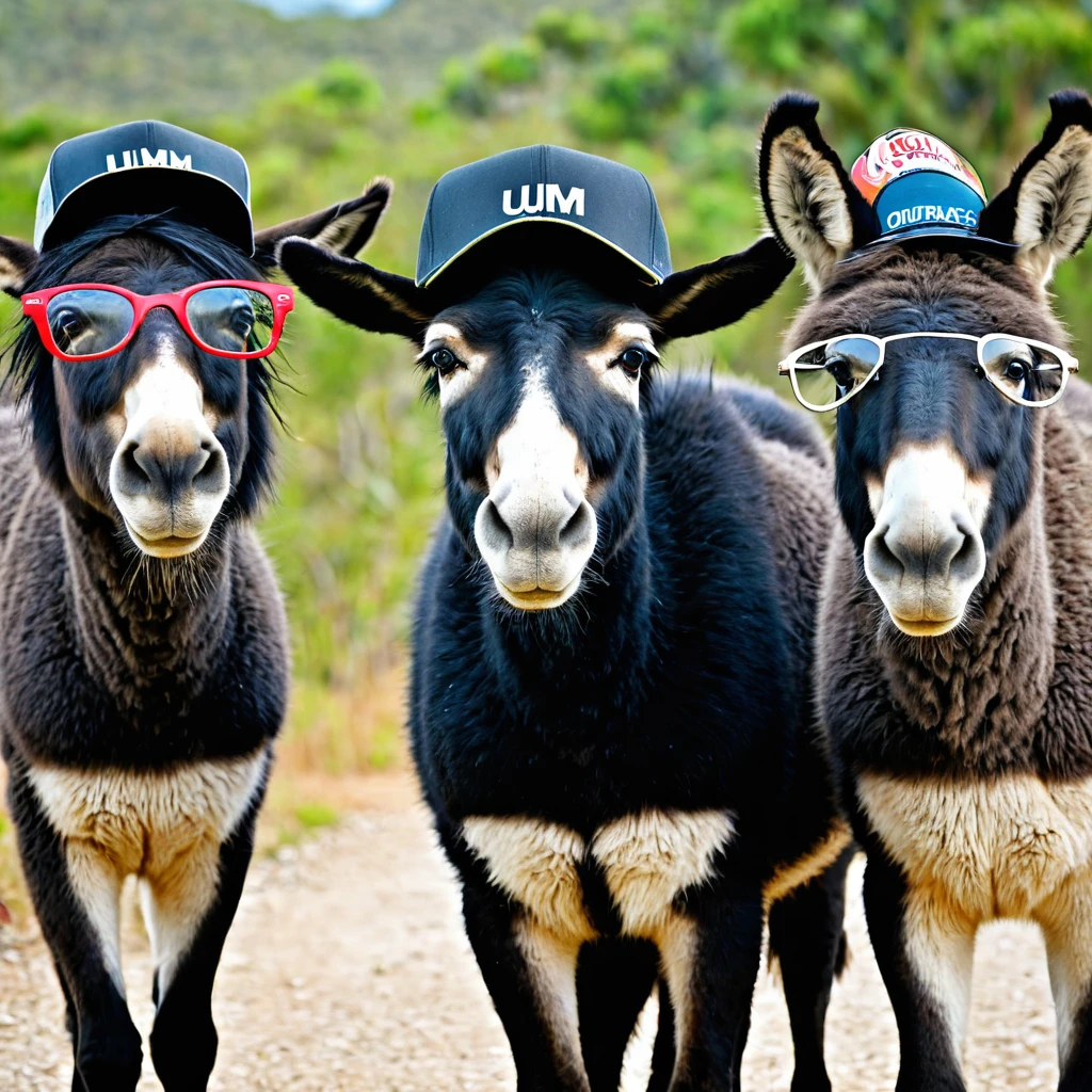 Cinco burros, animais, one wearing glasses, one wearing a cap, um de cabelo preto comprido, e os outros dois normais