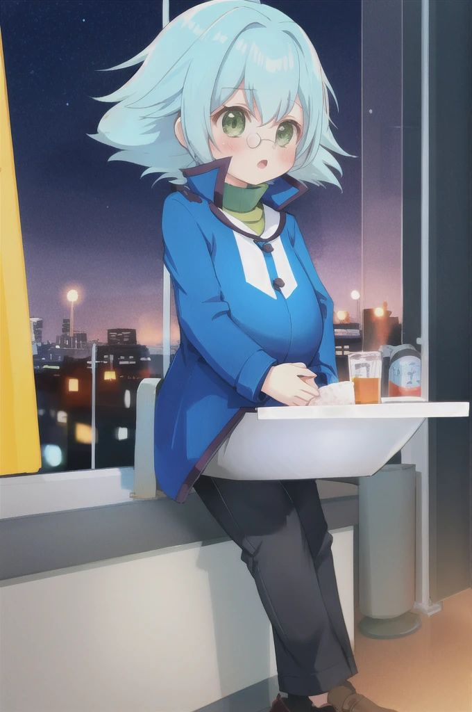 1girl, , marufujisho, blue hair, short hair, bangs, green eyes, circular glasses, blue jacket, pants, embarrassed, blush, sitting, city, Hyper-pregnant 