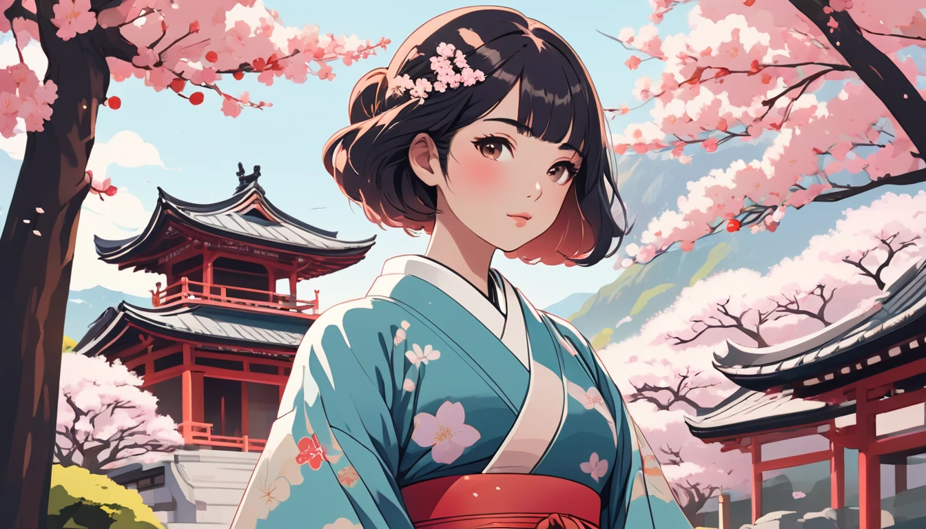 A cool kimono woman,Japanese temple with cherry blossoms in the background、 Wide-angle lens, Lofi Anime, Lofi illustration, Aesthetic atmosphere, Lo-Fi Style, Vector art, Flat Design, Simple shape, Warm tones, Pleasant atmosphere, Chill, In anime style, Digital drawing, Vector art, Vector logo for t-shirt printing, (Adorable:1.5), (small:1.4), (Playful:1.2), (soft:1.3), (Whimsical:1.1), masterpiece, Highest quality, 8k, Intricate details, grow, Celestial, Mysterious, Picturesque, amazing, Majestic, Magic, Fantasy art, Cover art, dream-like