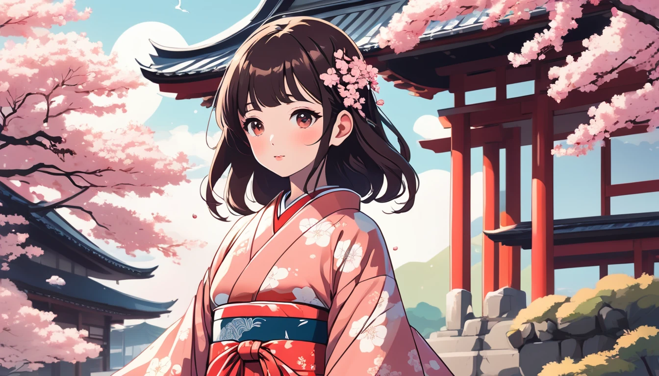 A cool kimono woman,Japanese temple with cherry blossoms in the background、 Wide-angle lens, Lofi Anime, Lofi illustration, Aesthetic atmosphere, Lo-Fi Style, Vector art, Flat Design, Simple shape, Warm tones, Pleasant atmosphere, Chill, In anime style, Digital drawing, Vector art, Vector logo for t-shirt printing, (Adorable:1.5), (small:1.4), (Playful:1.2), (soft:1.3), (Whimsical:1.1), masterpiece, Highest quality, 8k, Intricate details, grow, Celestial, Mysterious, Picturesque, amazing, Majestic, Magic, Fantasy art, Cover art, dream-like