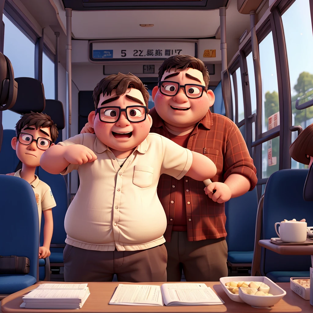 A fat, ugly young man wearing glasses is crying on the bus。No one else。