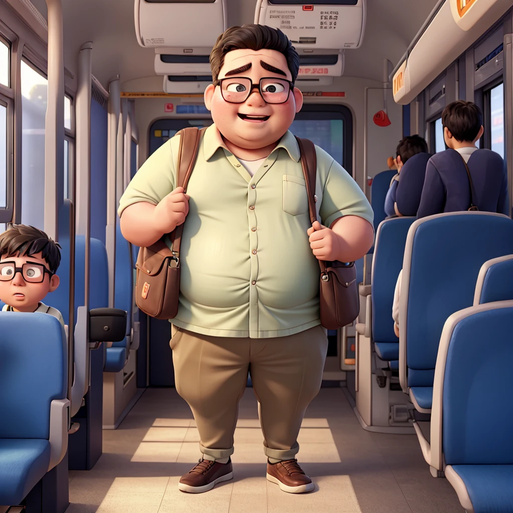 A fat, ugly young man wearing glasses is crying on the bus。No one else。