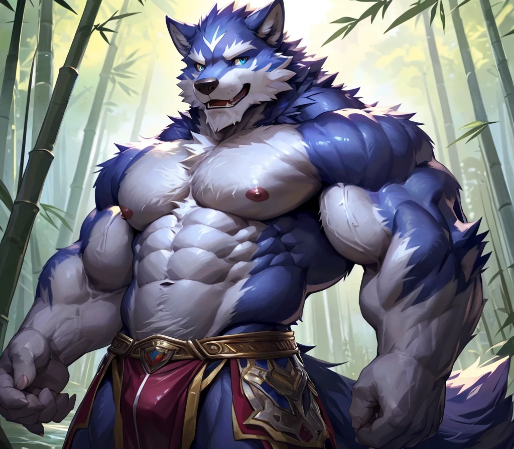 absurdres, ((best quality)), ((masterpiece)), (ultra detailed), perfect face,(sharp eyes),sharp focus,japanese anime,manga,(by null-ghost, by lindong), (male antro wolf):2.0,((indigo fur)), ((white belly)), vertical white on forehead, sharp eye,ultra-detailed eyes, exquisite eyes, (blue eyes), (wearing loinclothes),muscular male, reflection, (Great physique),strong arms man,middle-age, strong, (((sfw:1.5))), ((abs, strong muscle, 8 pack)), shirtless, claw, pink , (indigo wolf tail, long fluffy tail), handsome, majestic, Delicate canine teeth, official art, hairy, male, in the bamboo forest , (whole body view)