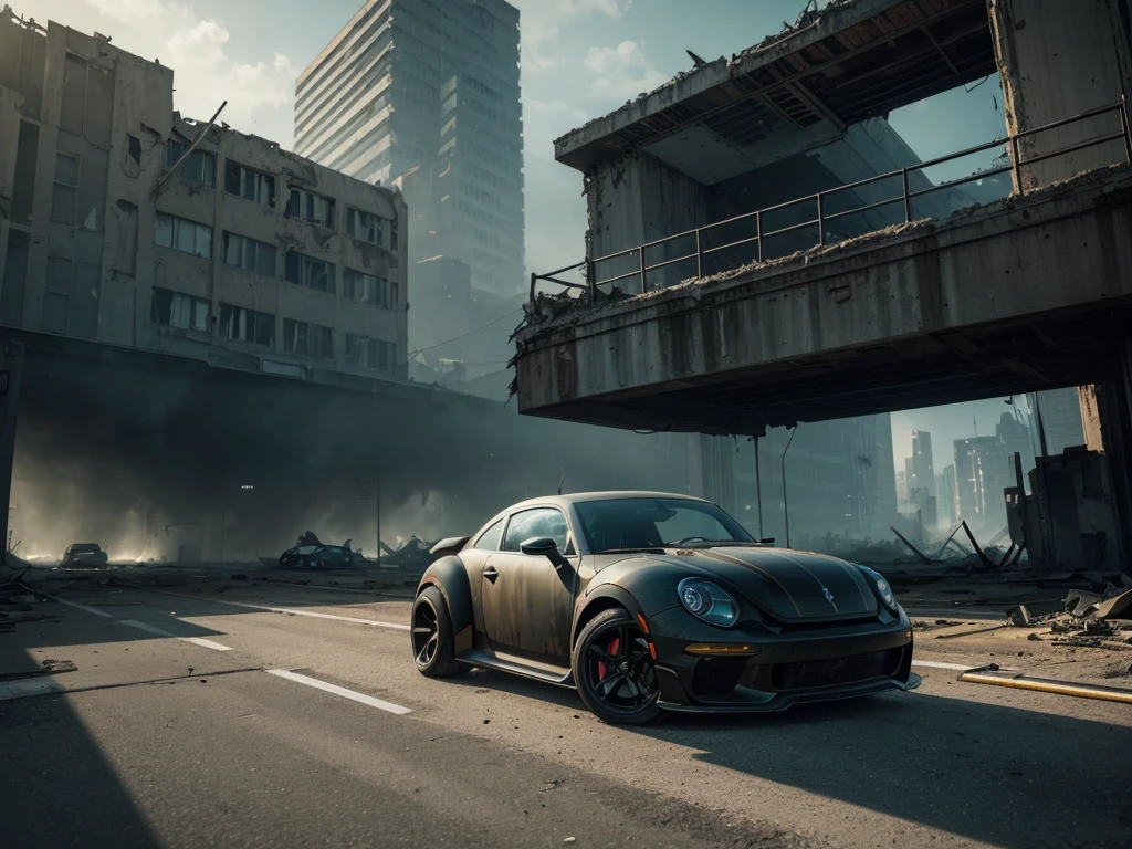 (Best quality,4k,A high resolution,masterpiece:1.2),racing muscle car "new beetle",ruin,Science fiction,futuristic, Cinematic lighting, chiaroscuro,ray tracing,very detailed, high quality, Mirai, color contrast, atmospheric, dystopian, urban, bright colors, Broken glass, dramatic shadows, Crumbling buildings, futuristic technology, Dynamic composition, Blur, urban decay, Dynamic perspective, exciting atmosphere, post-apocalyptic, abandoned, reflections, capricious, intensive, a secret, Advanced design, Smooth lines, Powerful engine, speed, Danger, adrenaline rush