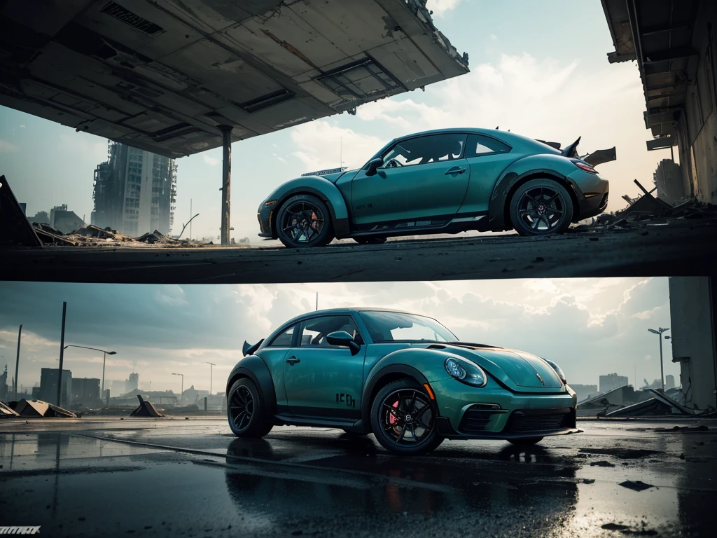 (Best quality,4k,A high resolution,masterpiece:1.2),racing muscle car "new beetle",ruin,Science fiction,futuristic, Cinematic lighting, chiaroscuro,ray tracing,very detailed, high quality, Mirai, color contrast, atmospheric, dystopian, urban, bright colors, Broken glass, dramatic shadows, Crumbling buildings, futuristic technology, Dynamic composition, Blur, urban decay, Dynamic perspective, exciting atmosphere, post-apocalyptic, abandoned, reflections, capricious, intensive, a secret, Advanced design, Smooth lines, Powerful engine, speed, Danger, adrenaline rush